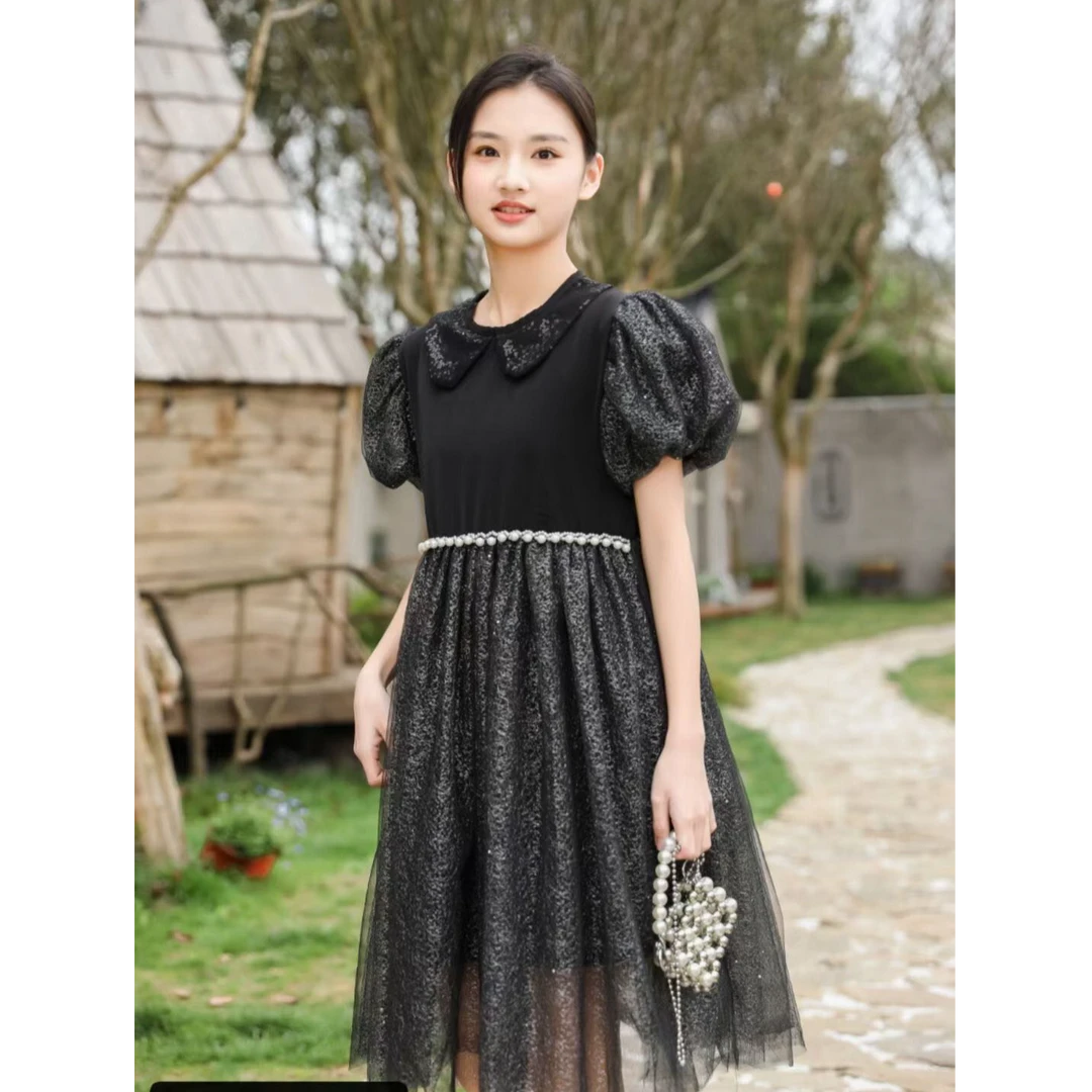 短袖公主裙公主风女休闲风连衣裙黑色女童夏装显瘦绣花洋气