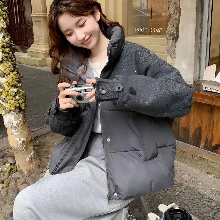 2025冬季新款满天星亮片毛呢拼接防寒服外套女设计感棉衣百搭522