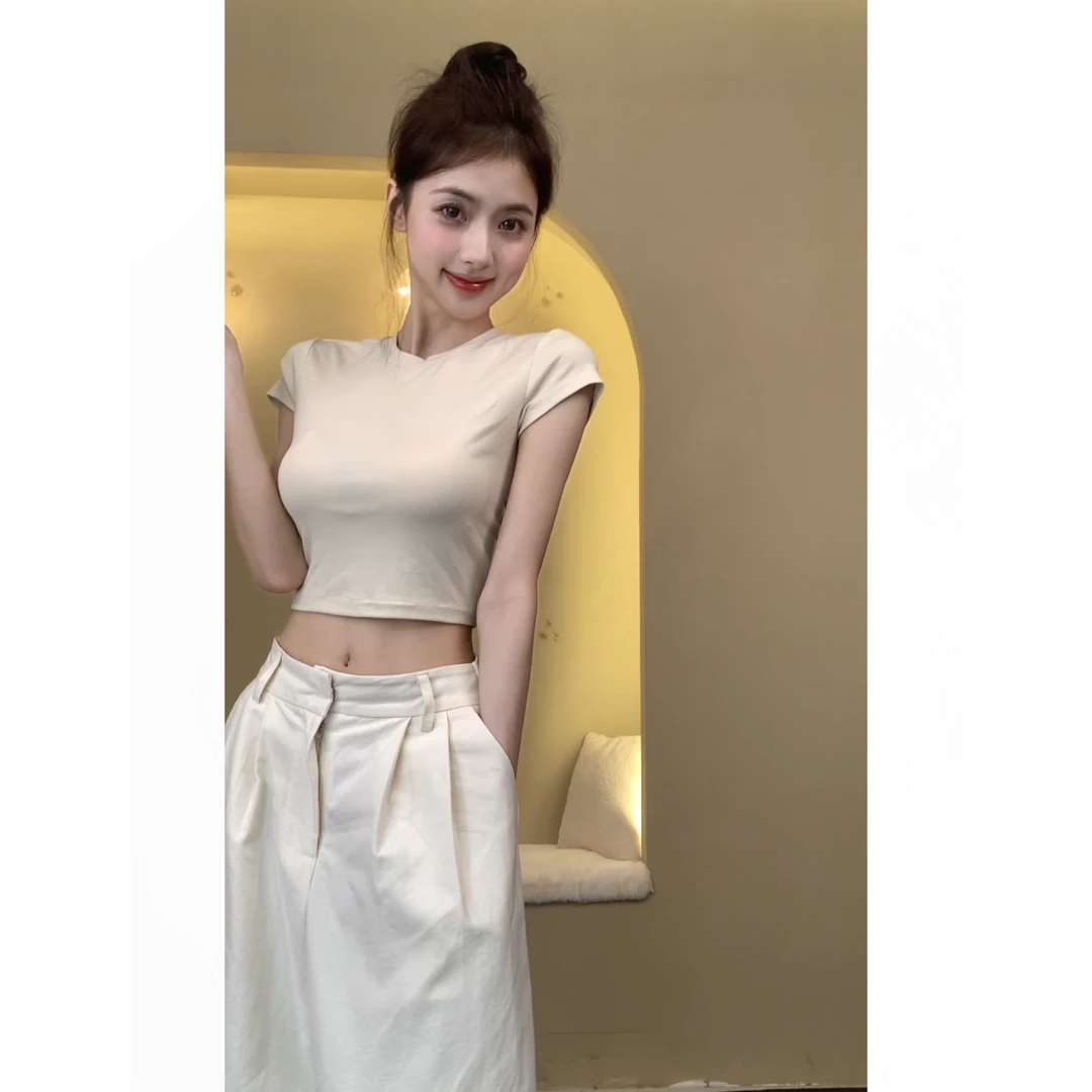 （清仓）美式辣妹紧身短袖t恤女2024夏季新款纯欲甜辣正肩短款上衣