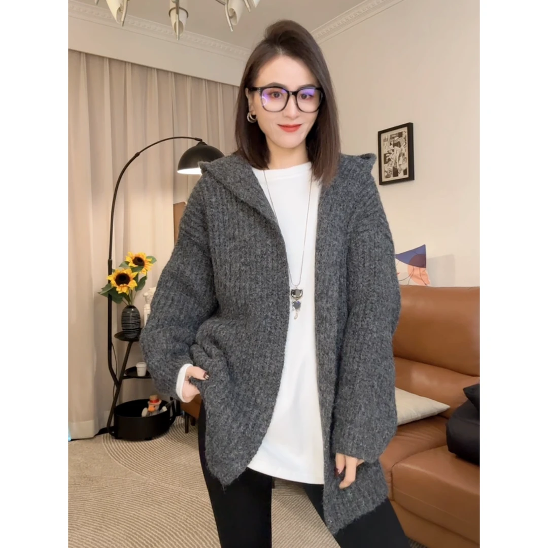 秋冬新款女装时尚毛衣外套女韩版慵懒风软糯泡泡袖针织大衣开衫女