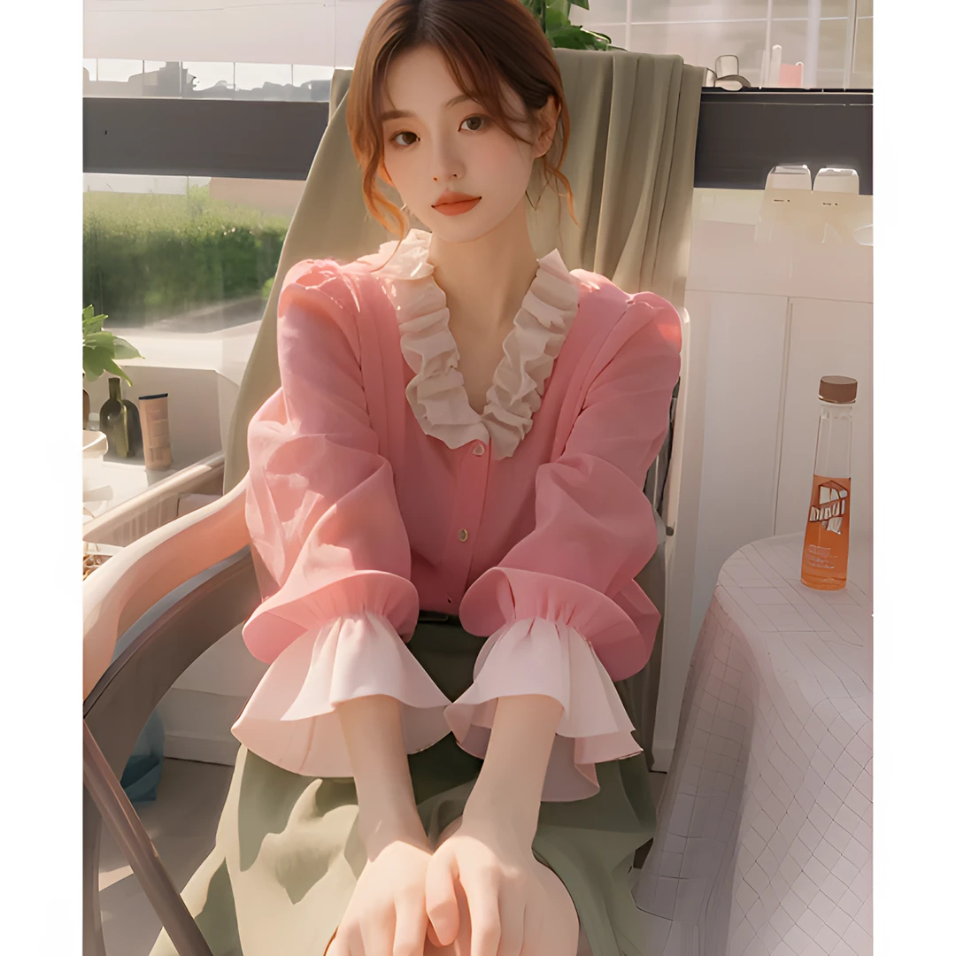 粉色法式小衫衬衣女款2025新款爆款独特超好看单穿木耳边上衣春秋