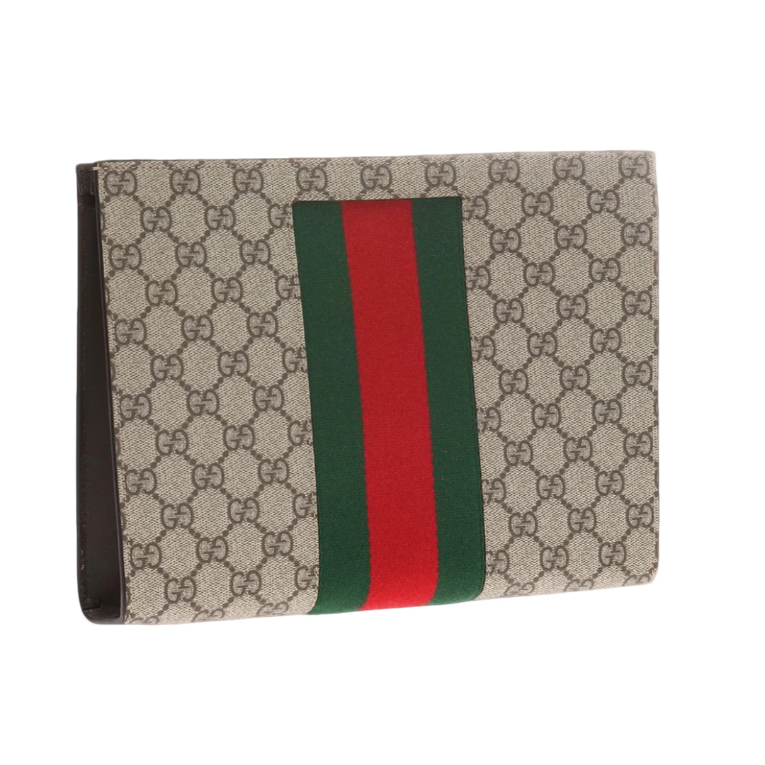 未使用 GUCCI/古驰 经典复古老花条纹织带帆布手拿包男女同款米色