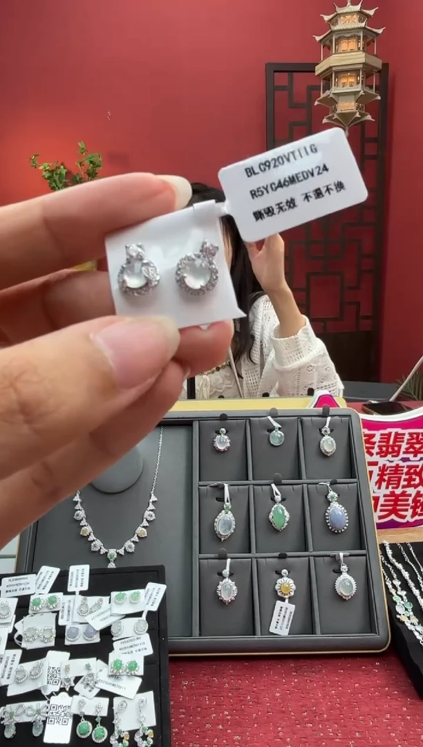 银S925镶嵌翡翠耳饰002180R
