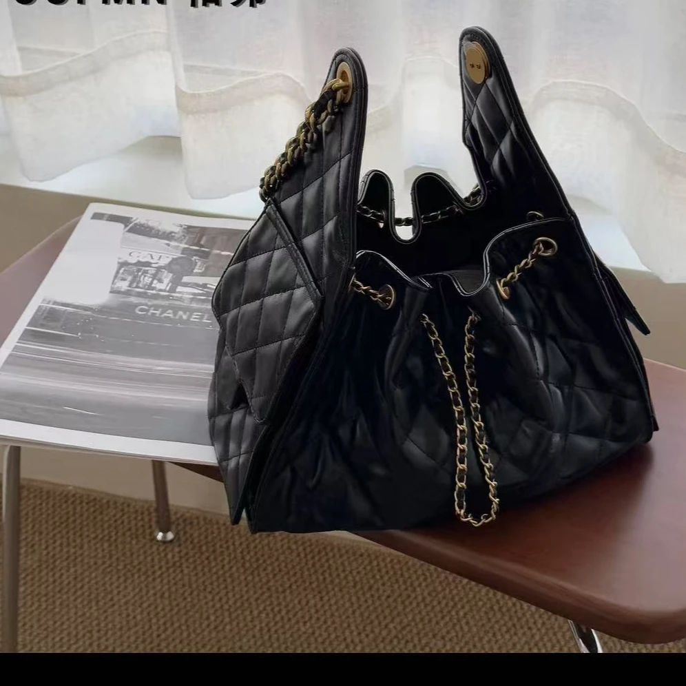 【C625】奢品包包单肩斜挎baghobo油蜡牛皮菱格链条抽绳水桶单肩包