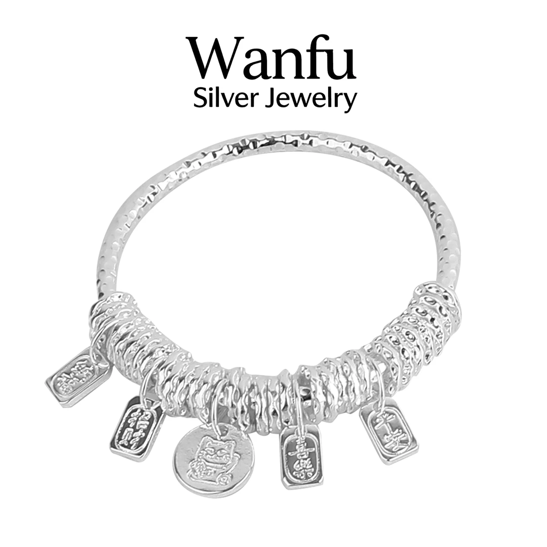足银手镯 串珠盘缠吉言银手镯女平安喜乐招财猫银镯子高级送女友