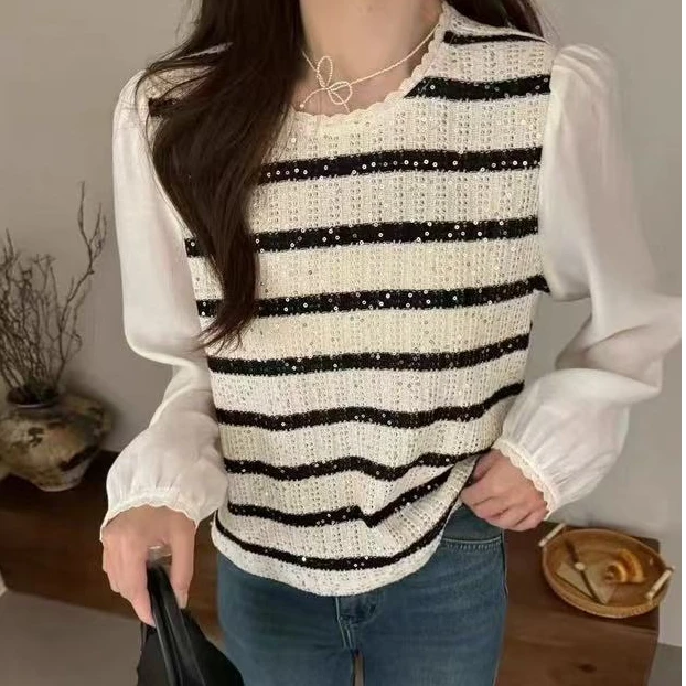 黑白条纹针织衫背心拼接假两件长袖上衣女W145