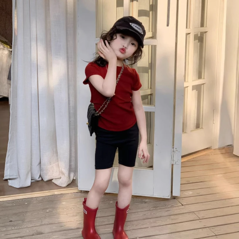大橙子Studio女童套装2025夏季新款韩版覆盆子红短袖骑行短裤套装