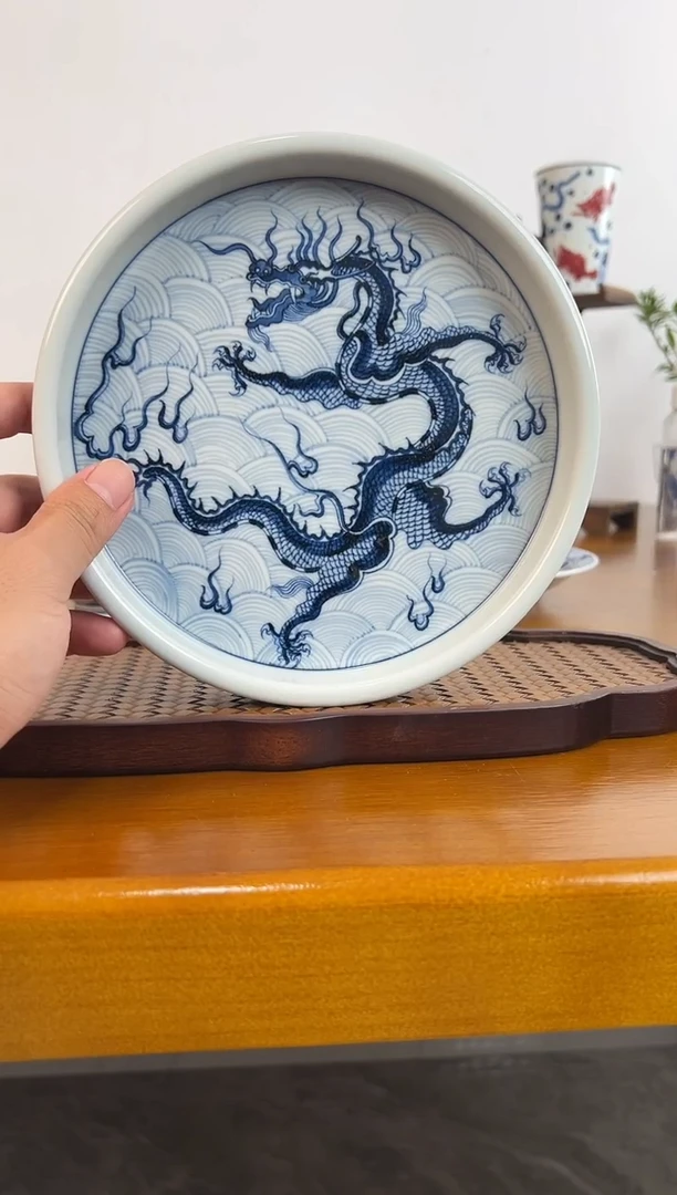 好**茶照夜白青花淡海水龙纹壶承