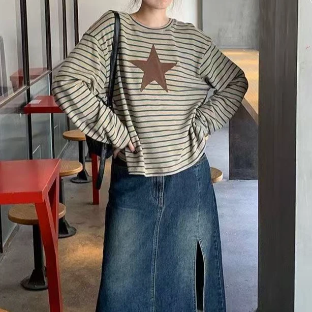 星星长袖条纹t恤女春秋新款打底衫百搭显瘦宽松慵懒风百搭上衣
