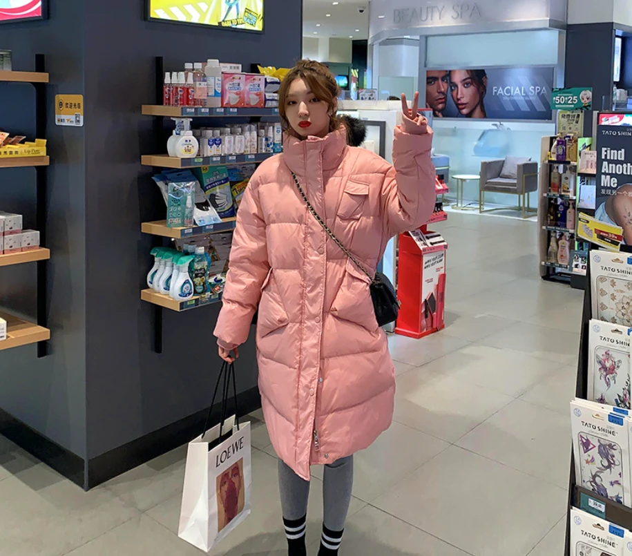 羽绒服保暖立领插肩袖韩版保暖冬装时尚中长款羽绒外套大衣女