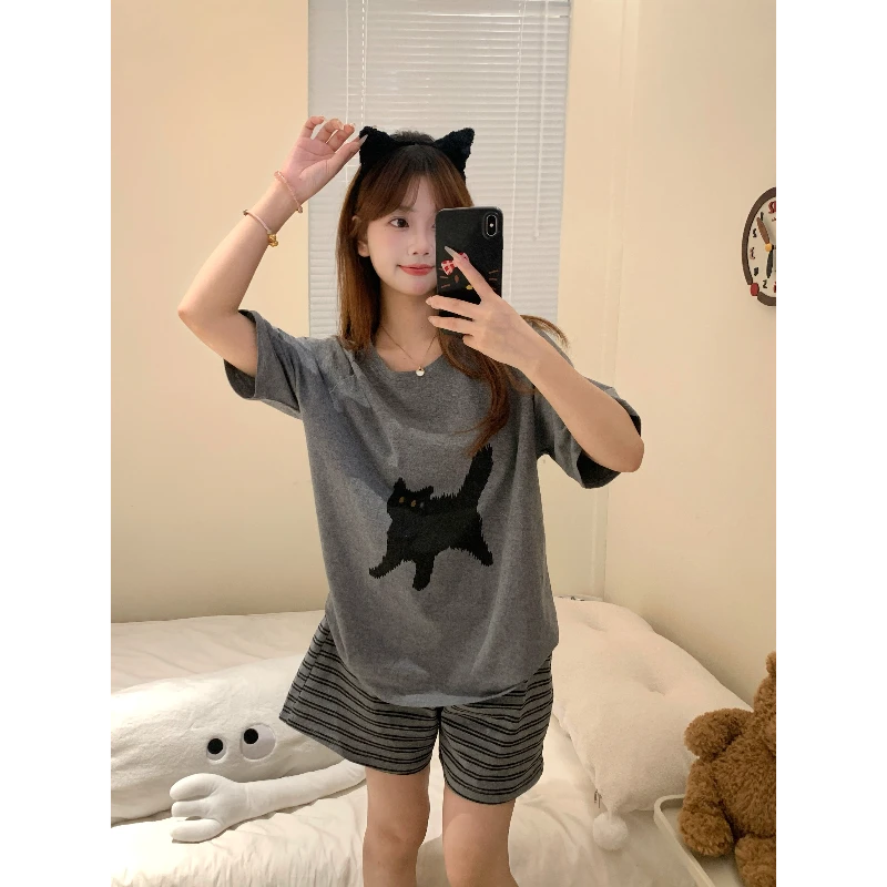韩系小个子可爱印花短袖T恤两件套女夏季条纹短裤居家服大码套装