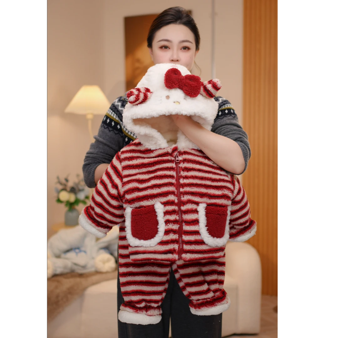 卡通风条纹红色保暖冬季家居服套装中长款秋冬大童女童