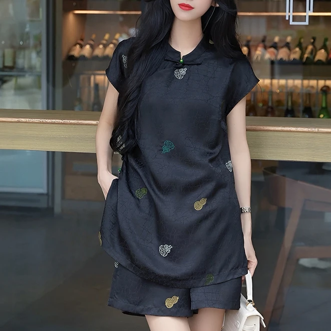 新中式国风时尚显瘦两件套2025夏气质葫芦印花上衣短裤套装