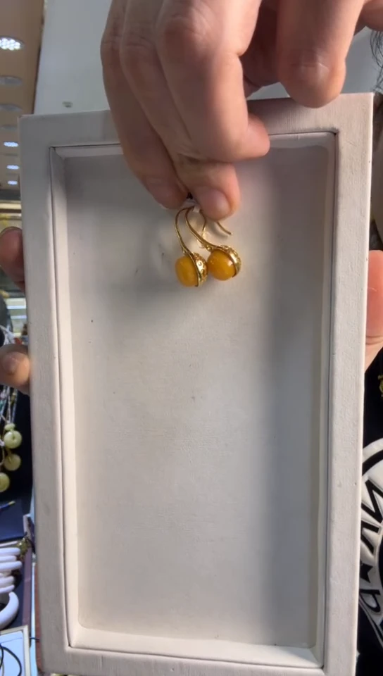 蜜蜡银S925镶嵌耳饰蜜蜡老蜡耳钩
