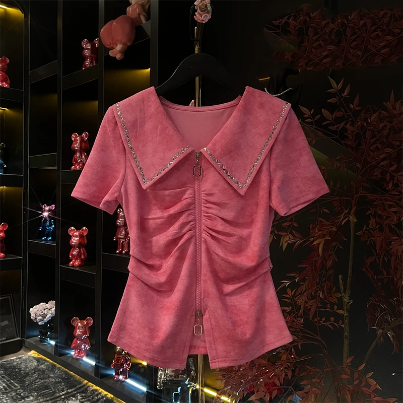 设计感褶皱重工烫钻短袖T恤女夏季2025新款时尚休闲显瘦百搭上衣