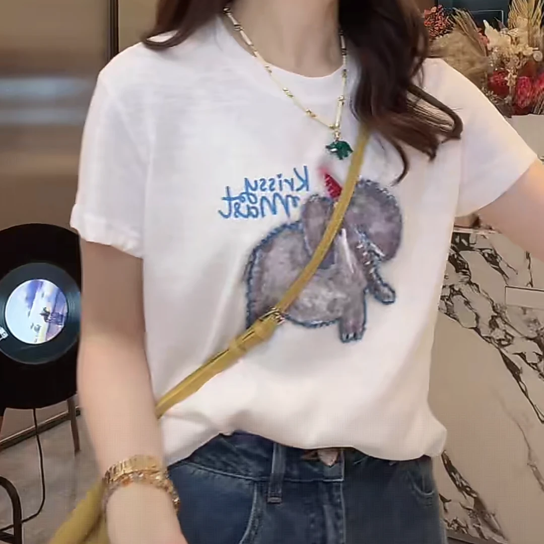 夏季重工百搭显瘦短袖T恤2025新款时尚洋气休闲装设计感套头上衣