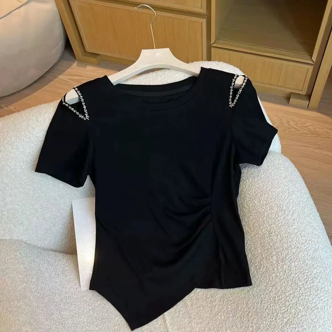 设计感小众镶钻露肩短袖T恤女夏季不规则褶皱收腰显瘦别致上衣