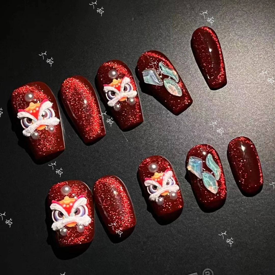 【国风醒狮】晶石猫眼立体醒狮仙女气质显白穿戴式美甲