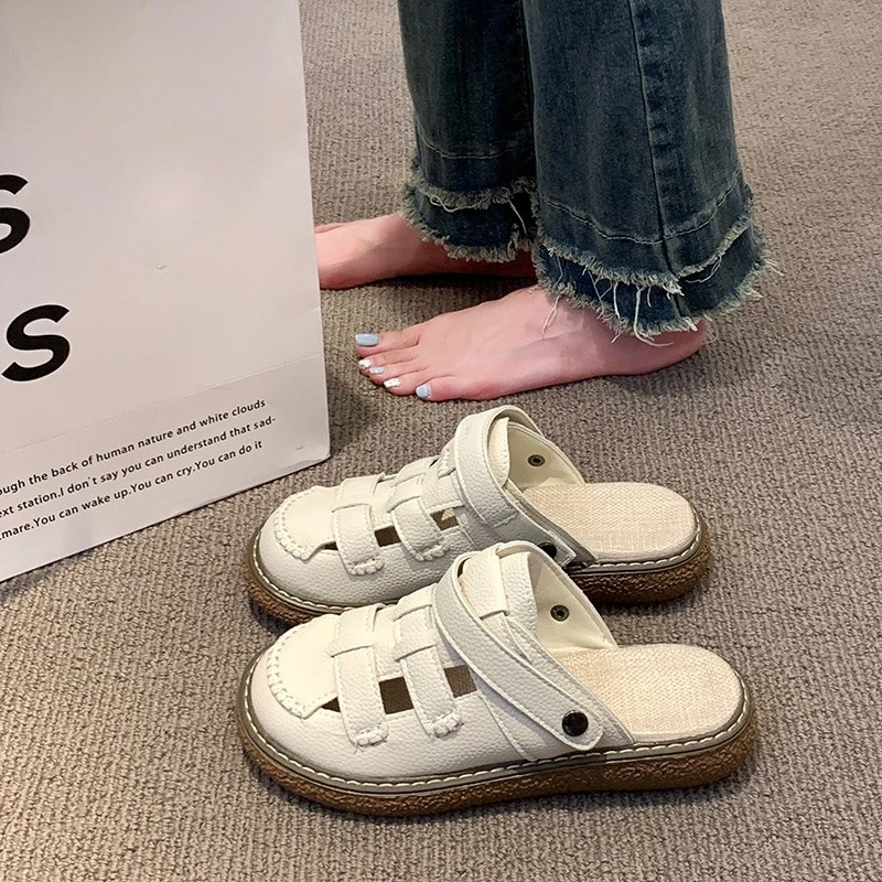 夏季包头罗马凉鞋女百搭厚底防滑孕妇软底两穿平底镂空时尚沙滩鞋