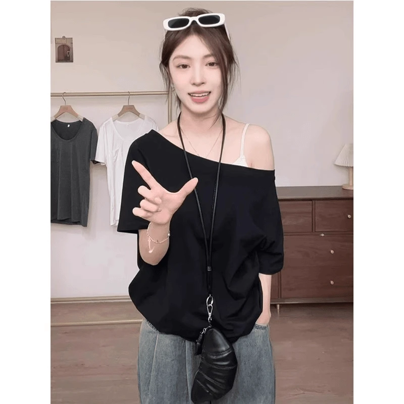 纯欲美式甜美一字肩两穿短袖T恤女夏季高级甜辣宽松别致绝美上衣