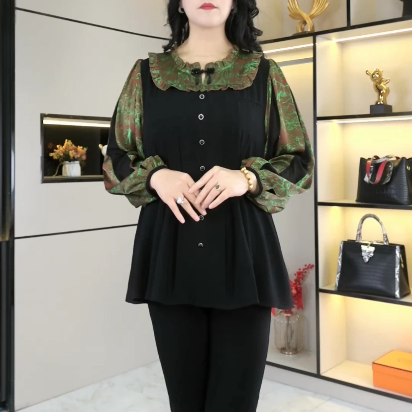 胖珍珍大码女装洋气休闲衬衫时尚拼接春秋新款盘扣显瘦上衣241335