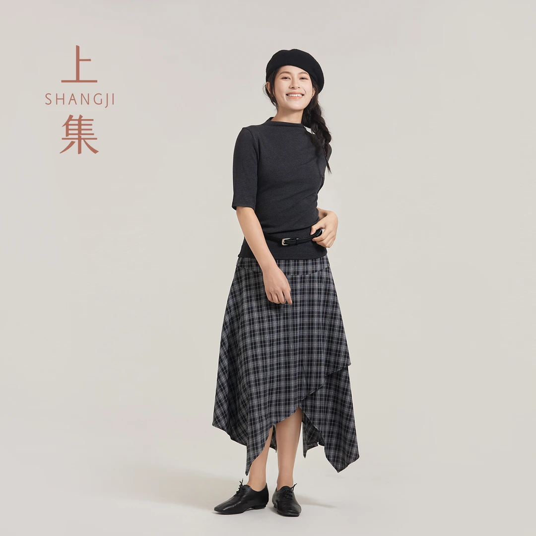 SHANGJI/上集中袖格纹不规则裙时尚套装气质两件套/XS707053