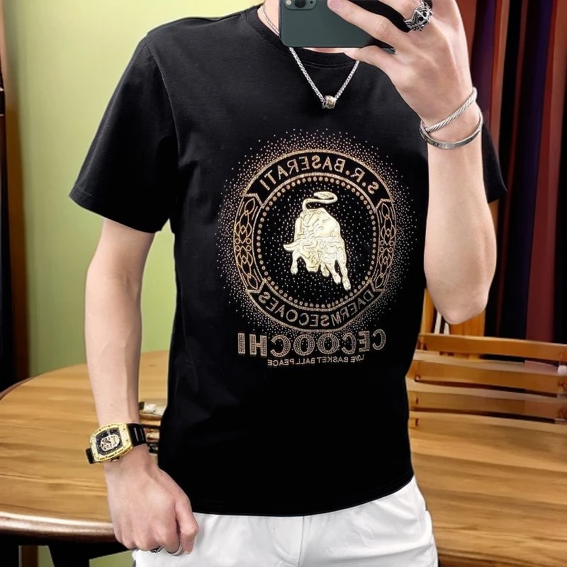 劲莱时尚金牛短袖t恤男潮牌潮流上衣夏季男士圆领烫钻体恤个性T恤