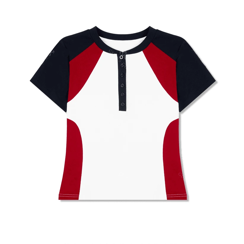 美式撞色修身显瘦拼接圆领经典短袖T恤女2025夏季新款别致上衣