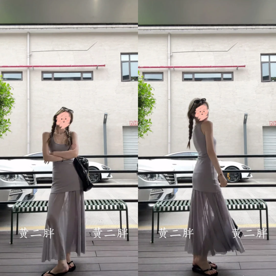 灰/黑/白三色纯欲吊带连衣裙女网纱拼接包臀裙2025夏季新款长裙