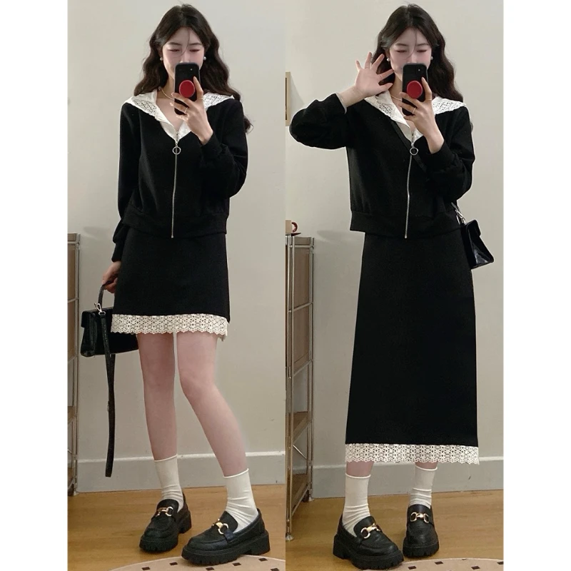 大码女装2025春季新款胖mm新款洋气蕾丝拼接卫衣半身裙两件套装裙