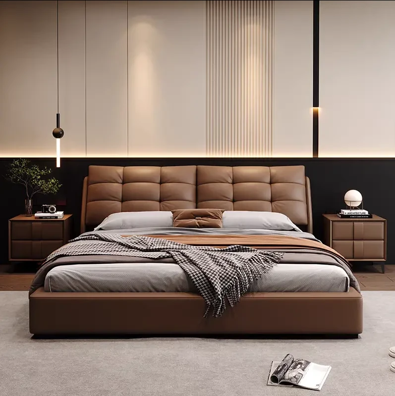 高端轻奢主卧大床头层牛皮床网红床大气婚床儿童床泡芙真皮床