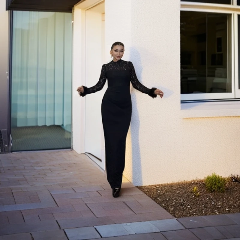 蕾丝高腰显瘦开叉黑色时尚修身气质长袖连衣裙