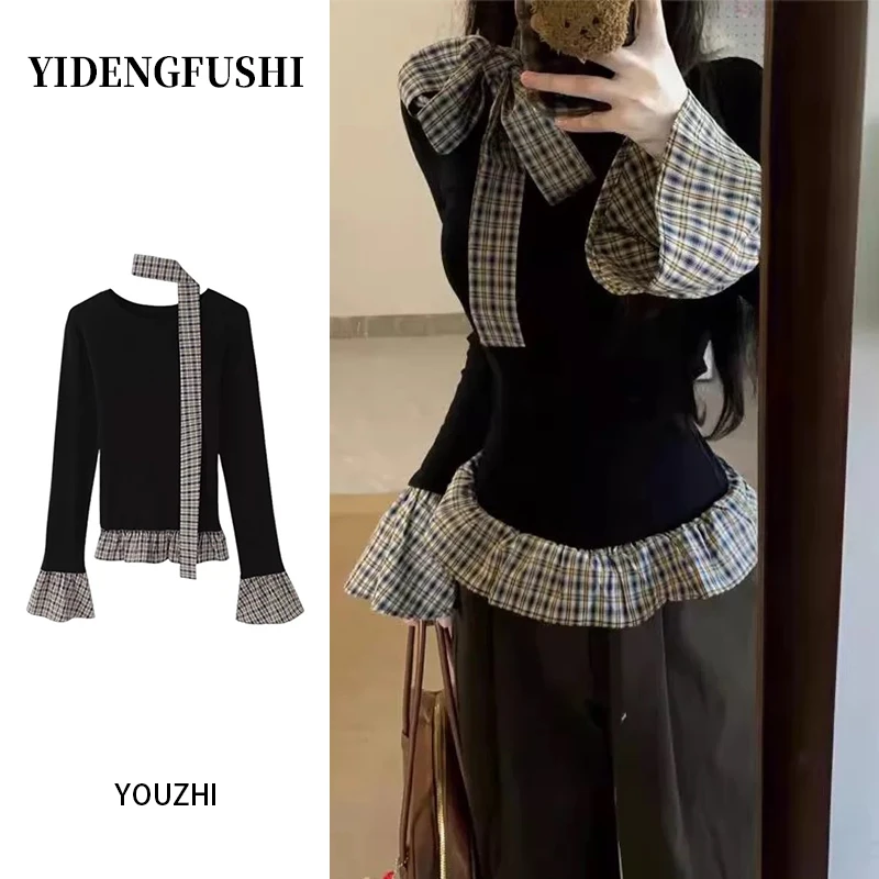 格子假两件打底衫女秋季韩系复古减龄小众长袖修身收腰T恤上衣潮
