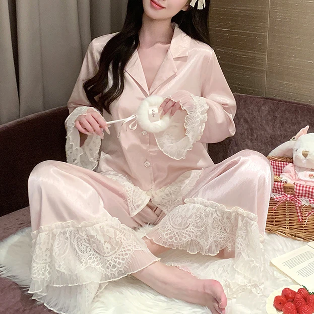 密汀巴灵法式睡衣女甜妹风舒适春秋款蕾丝花边袖口可外穿家居服