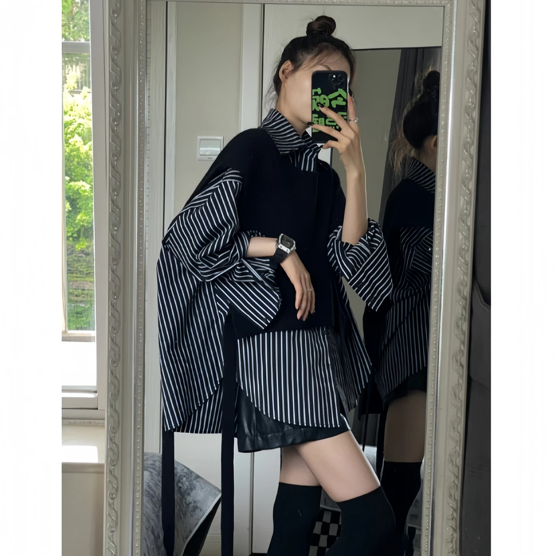 新款不对称前短后长针织披肩+黑条纹衬衣春秋时尚叠穿两件套女