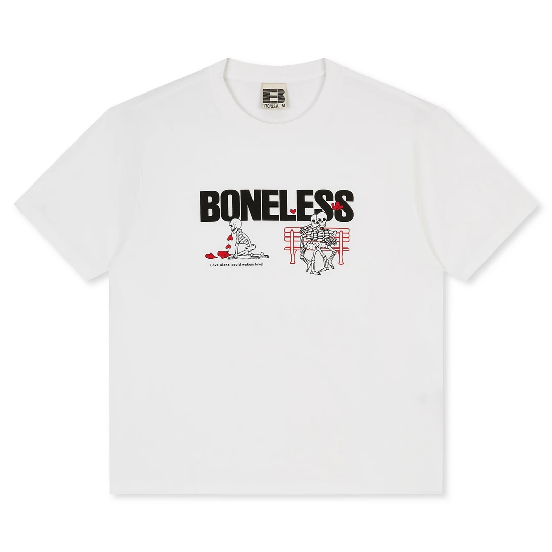 BONELESS“什么是爱情”骷髅印花休闲夏季圆领透气宽松情侣短袖T恤