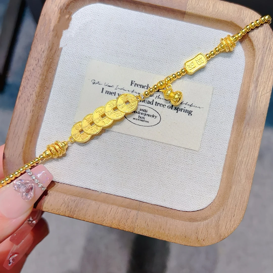 合金手链 招财纳福锤纹小葫芦五帝钱珠手链