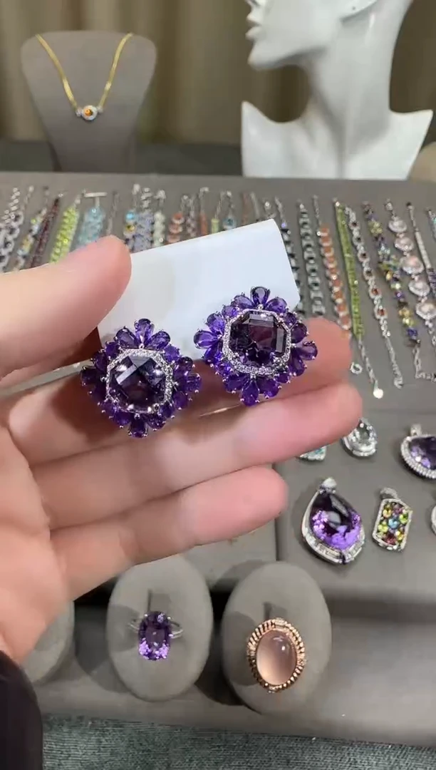 银S925镶嵌耳饰紫晶23mm耳扣高级款