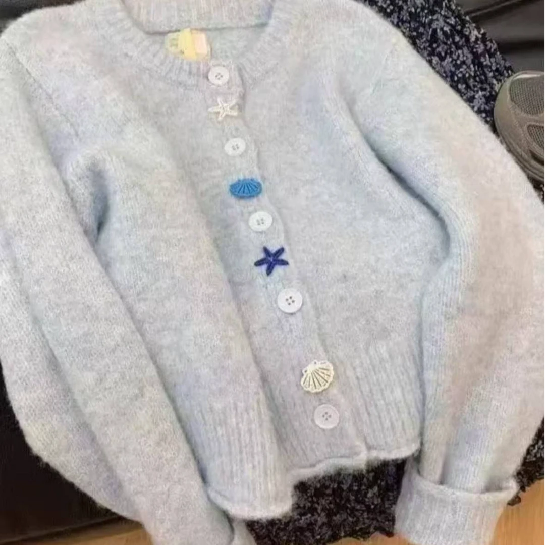 温柔风海星纽扣针织开衫上衣女春秋新款毛衣