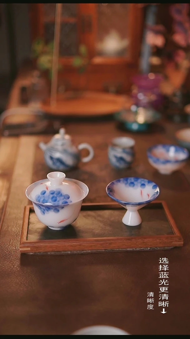 其他冰种璞玉年年有余盖碗+杯+干泡盘