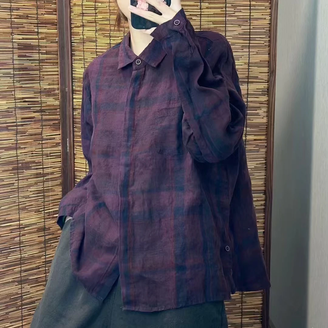 【麻雅】韩版时尚休闲亚麻色织格子衬衫外套宽松百搭复古气质显瘦