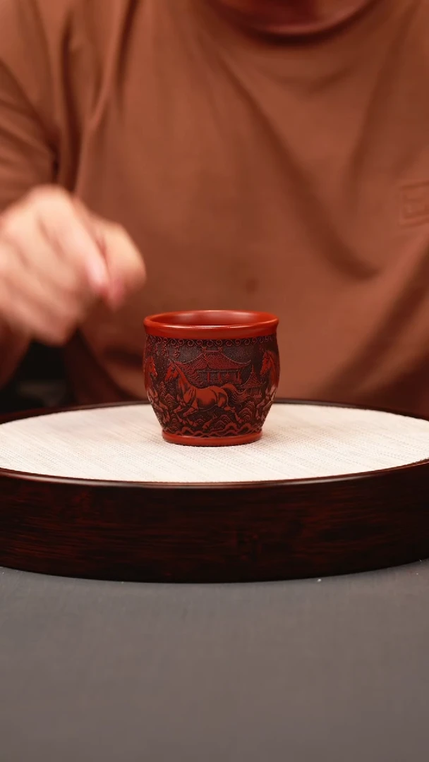 茶壶紫砂红皮龙 八骏杯