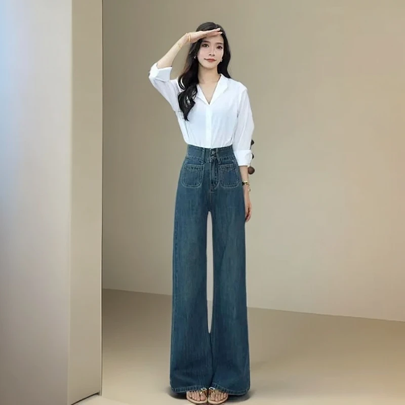 秋季新款高腰显瘦牛仔裤女双排扣怀旧风