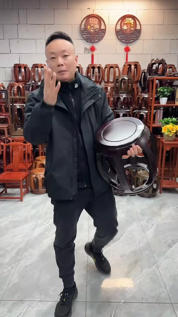 花梨木类家具（微瑕）酸枝色雕花款大号鼓凳单条6号