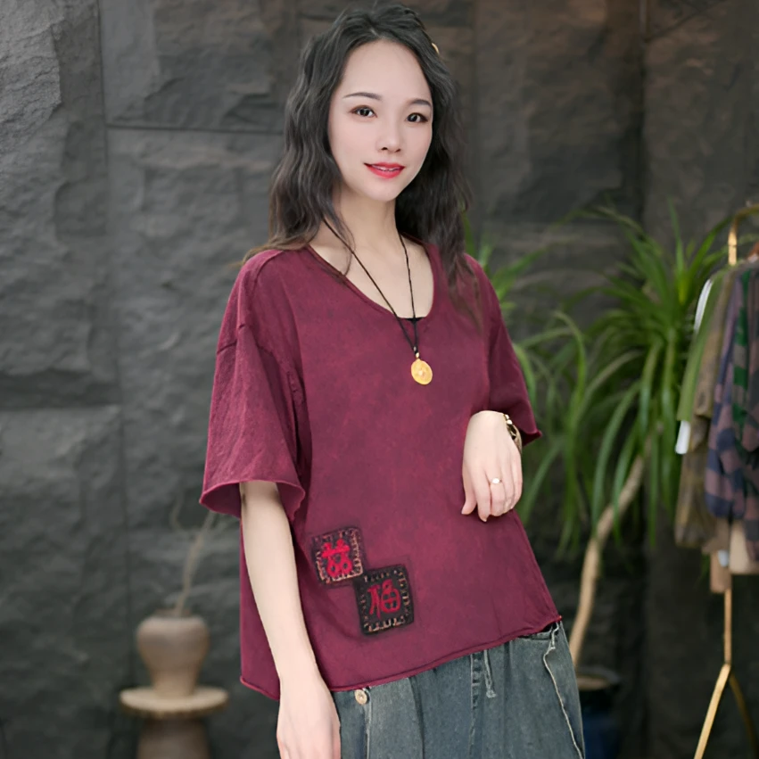 JJ夏季新款文艺复古风女宽松纯色上衣短袖T恤女夏短袖上衣