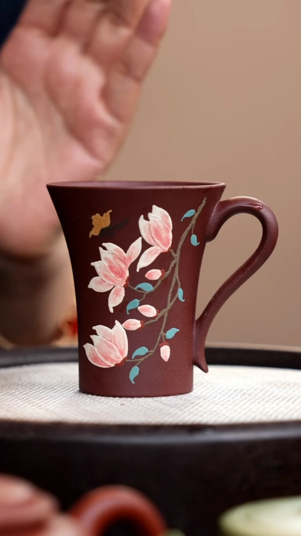 茶壶紫砂紫泥喇叭手把杯粉玉兰