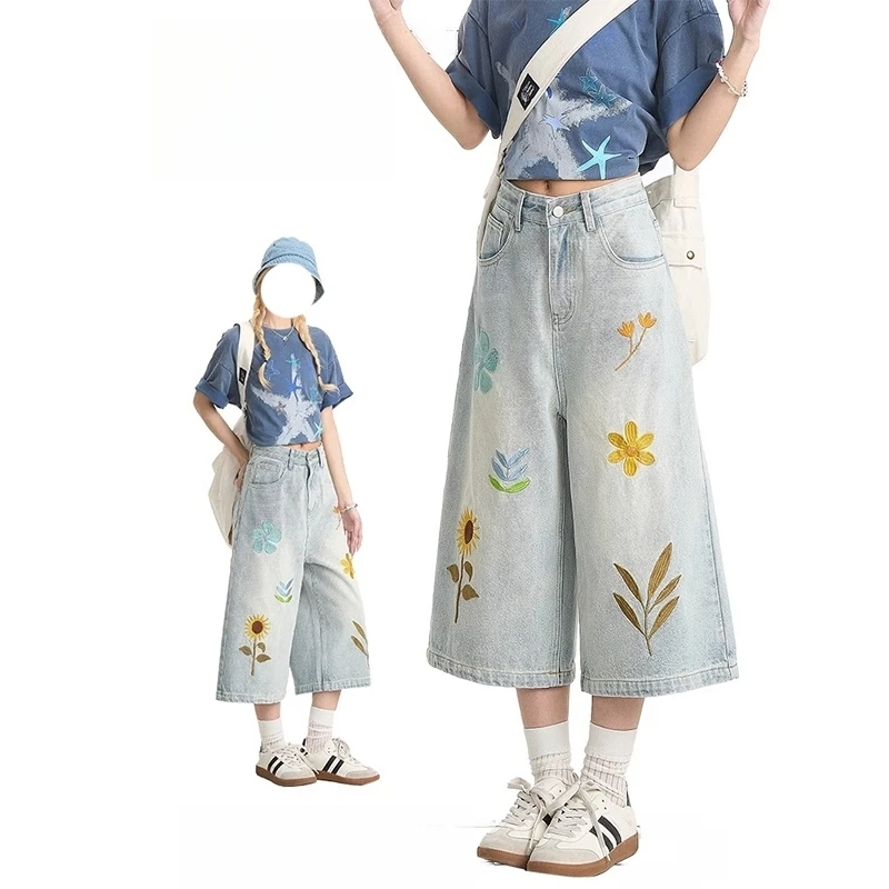大码美式做旧花卉刺绣牛仔裤女2025年春季新款宽松高腰显瘦七分裤