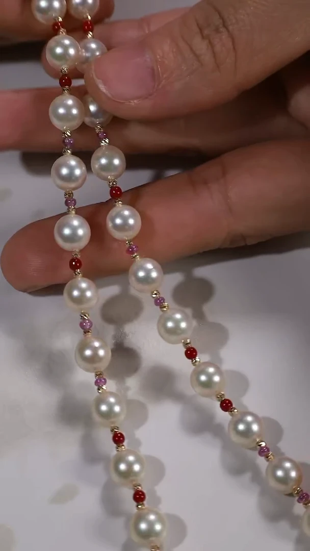 项链18K金镶嵌海水珍珠akoya粉蓝宝珍珠项链（多样性发其一）