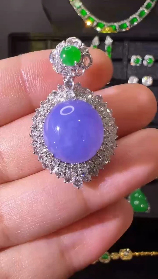 翡翠18K金镶嵌吊坠(不含链)高冰妖紫蛋面吊坠