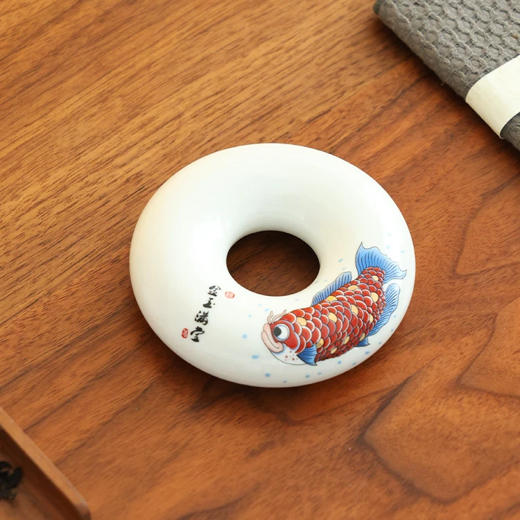 瓷韵优品 影青瓷鱼跃龙门甜甜圈盖置桌面茶宠摆件茶具配件-4386